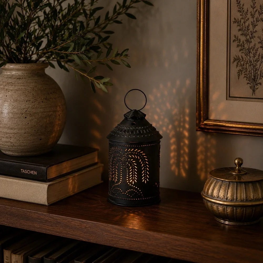 Vintage Black Punched Tin Lantern Tea Fairy Light Holder Tree Motif Cottage